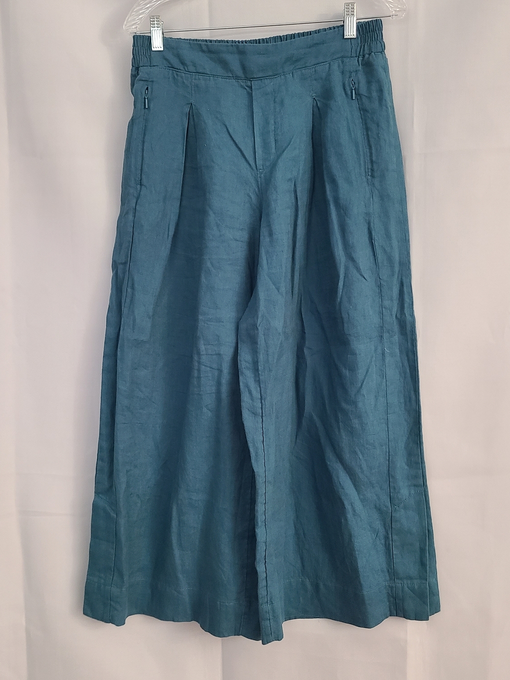 Athleta Sz 8 Teal 100% Linen Playa Wide Leg Pleated Cropped Beach Cruise Pants